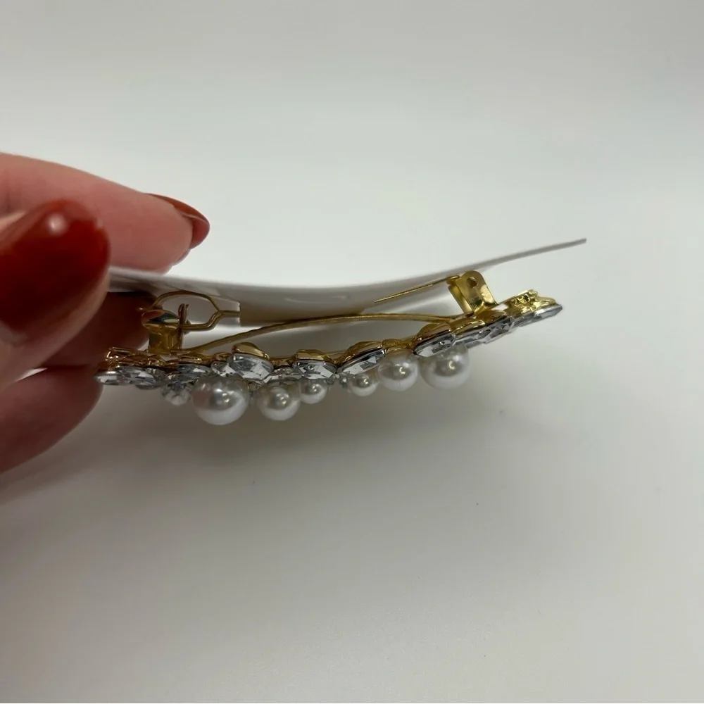 Faux Pearl Golden Hair Barrette Statement Silver Tone Leaves Natural Textured